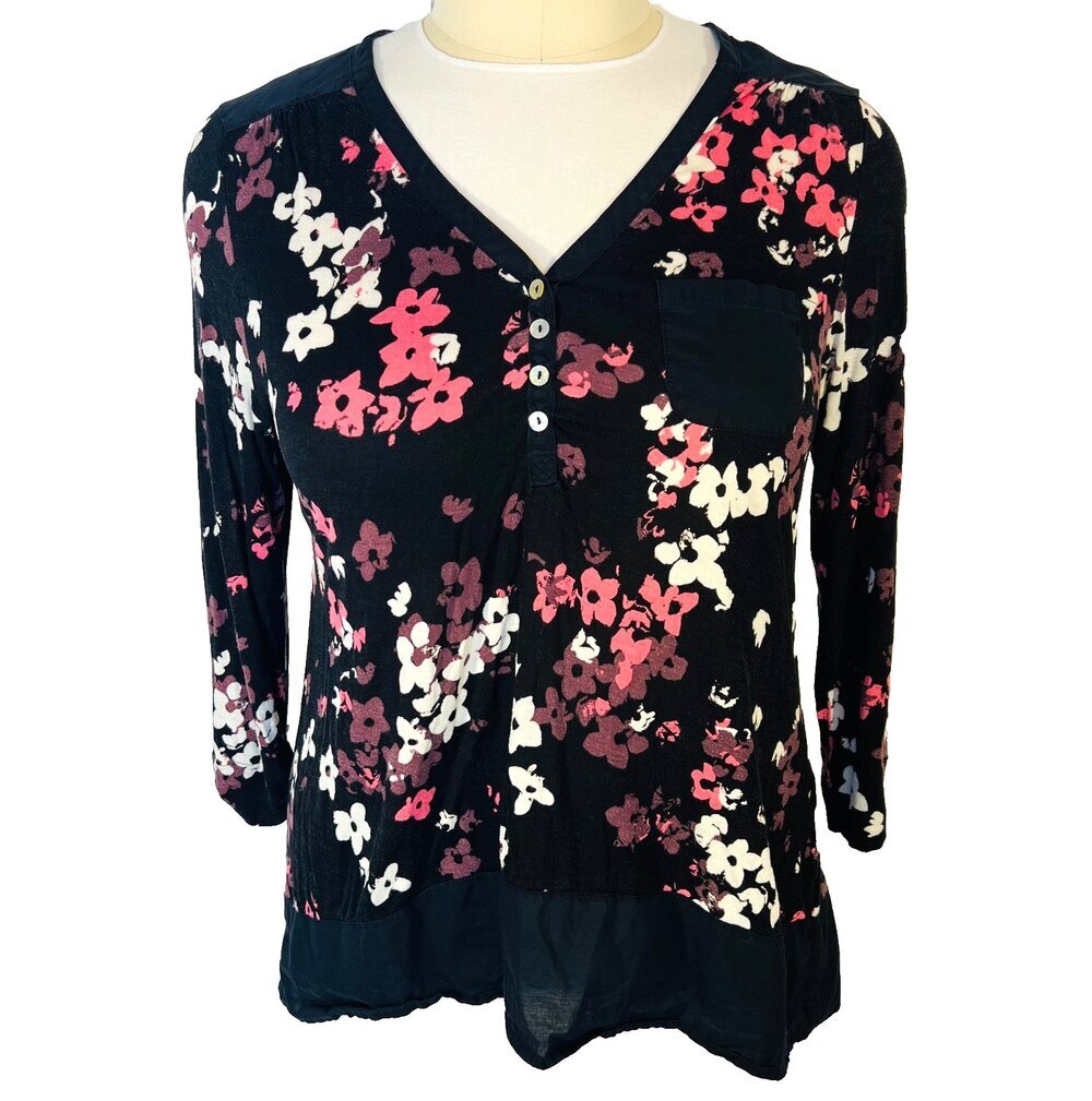 Anne Klein Womens XL Tunic Floral Print 3/4 Rolltab Sleeve Henley Neck